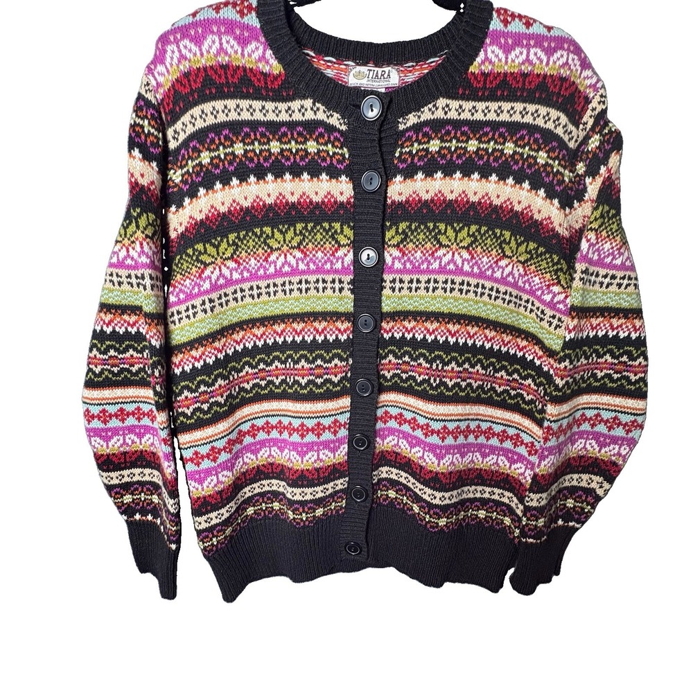 Tiara International Cardigan Sweater Womens M Multicolor Fair Isle Y2K VTG
